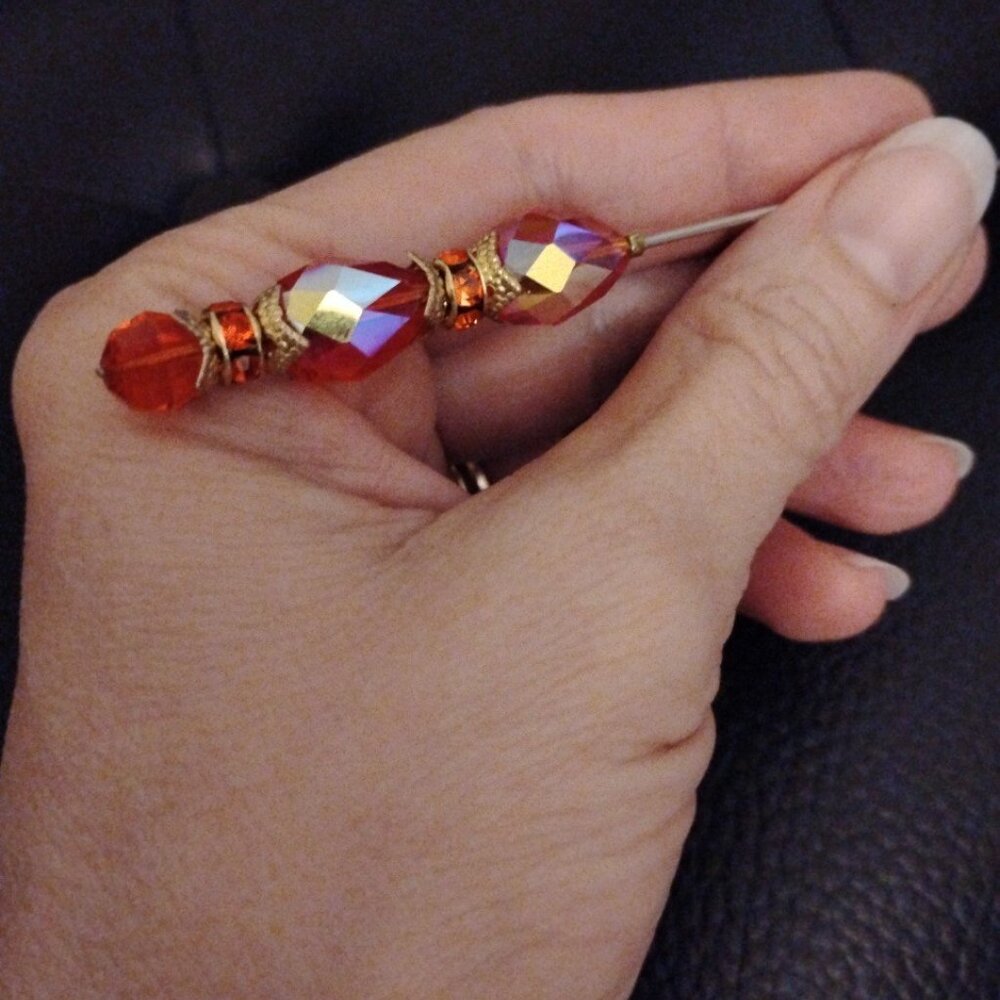 Hat Pin Stick Radiant Red Beads with Accents of Gold Decorations Length ~ 5.5'